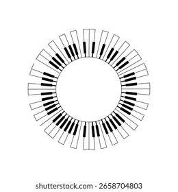 Circular piano keyboard design featuring black and white keys arranged in a radial pattern