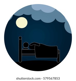 circular pictogram with man in bed in the night and moon