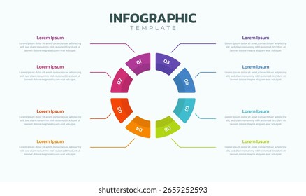 Gráfico circular de pizza com infográfico de opções de 8 etapas. Processo de visualização de informações de negócios.