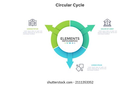 Circular pie chart with arrows pointing at icons. Concept of 3 features of or options of financially successful startup project. Modern flat vector illustration for business information analysis.