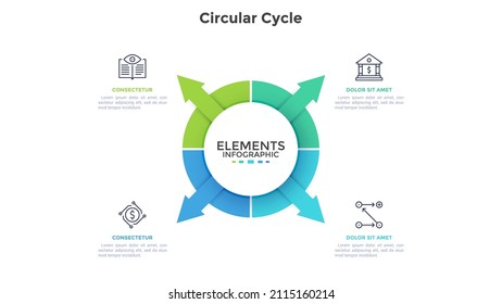 Circular pie chart with arrows pointing at icons. Concept of 4 features of or options of financially successful startup project. Modern flat vector illustration for business information analysis.