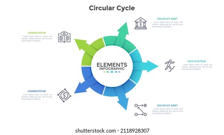 Circular pie chart with arrows pointing at icons. Concept of 5 features of or options of financially successful startup project. Modern flat vector illustration for business information analysis.