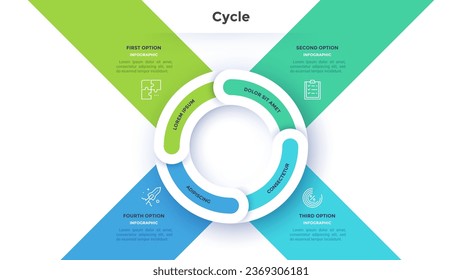 Circular pie chart with arrows and ribbons. Concept of 4 features of or options of financially successful startup project. Modern flat vector illustration for business information analysis.