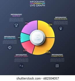 Circular pie chart with colorful sectors of different size, thin line icons, percentage indication and text boxes. Unique infographic design template. Vector illustration for business presentation.