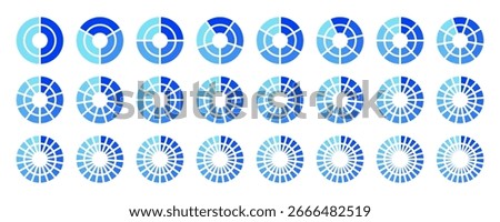Circular pie chart diagram set. Blue gradient radial sectors. Data visualization icon collection. Wheel Segment slice. Concentric segmented rings. Minimal infographic element for business analytic