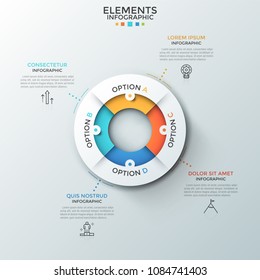 Circular Pie Chart Divided Into 4 Colorful Pieces, Thin Line Symbols And Text Boxes. Concept Of Four Characteristics Of Business Process. Creative Infographic Design Layout. Vector Illustration.