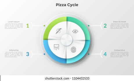 Circular pie chart divided into 4 equal pieces with thin line icons inside connected to numbered text boxes. Concept of pizza cycle diagram. Modern infographic design template. Vector illustration.