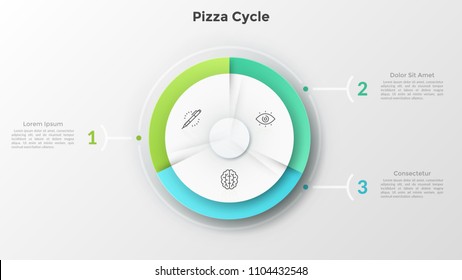 Circular pie chart divided into 3 equal pieces with thin line icons inside connected to numbered text boxes. Concept of pizza cycle diagram. Modern infographic design template. Vector illustration.