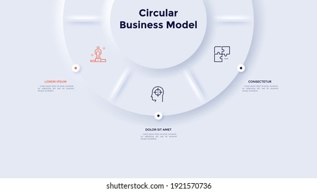 Circular pie chart divided into 3 sectors. Concept of three stages of strategic analysis. Neumorphic infographic design template. Modern vector illustration for business information visualization.