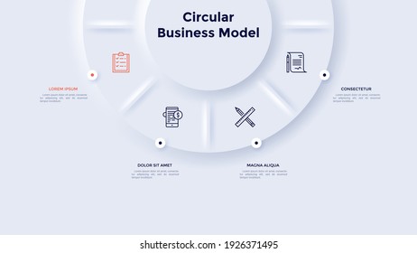 Circular pie chart divided into 4 sectors. Concept of four stages of strategic analysis. Neumorphic infographic design template. Modern vector illustration for business information visualization.