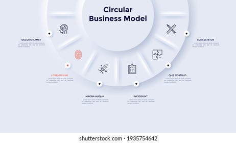 Gráfico circular dividido en 6 sectores. Concepto de seis etapas de análisis estratégico. Plantilla de diseño de infografía neumórfica. Ilustración vectorial moderna para la visualización de la información empresarial.