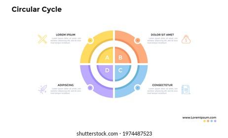 Circular pie chart divided into 4 colorful sectors. Concept of four stages of production cycle. Flat infographic design template. Modern vector illustration for business data analysis visualization.