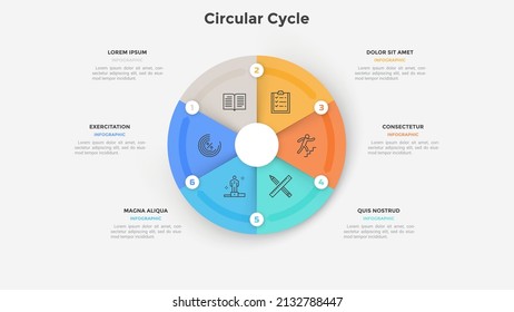 Gráfico circular dividido en seis partes o sectores coloridos. Concepto de 6 pasos de proceso cíclico de desarrollo empresarial. Ilustración vectorial plana simple para la visualización de datos del proyecto de inicio.