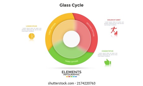 Gráfico circular dividido en 3 sectores detrás del anillo de vidrio translúcido. Concepto de tres partes del proyecto empresarial. Plantilla sencilla de diseño infográfico. Ilustración vectorial plana moderna para banner.