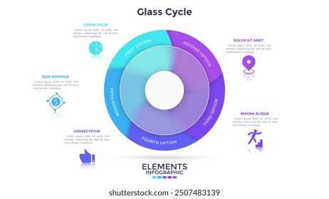 Gráfico circular de pastel dividido en 5 sectores detrás del anillo de vidrio translúcido. Concepto de cinco partes del proyecto empresarial. Plantilla de diseño infográfico simple. Moderna Ilustración vectorial plana para Anuncio.