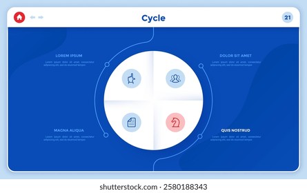 Circular pie chart divided into 4 equal pieces with thin line icons inside connected to numbered text boxes. Concept of pizza cycle diagram. Modern infographic design template. Vector illustration.