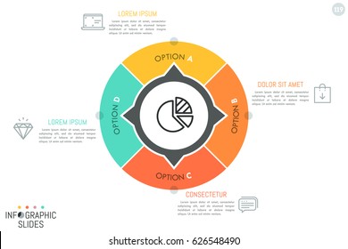 Circular pie chart divided into 4 sectors with arrows pointing at text boxes and linear icons. Minimal infographic design template. Four directions of company development concept. Vector illustration.