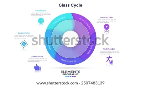 Circular pie chart divided into 5 sectors behind translucent glass ring. Concept of five parts of business project. Simple infographic design template. Modern flat vector illustration for banner.