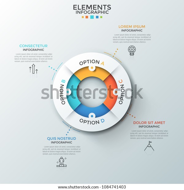 Circular pie chart divided into 4 colorful\
pieces, thin line symbols and text boxes. Concept of four\
characteristics of business process. Creative infographic design\
layout. Vector\
illustration.