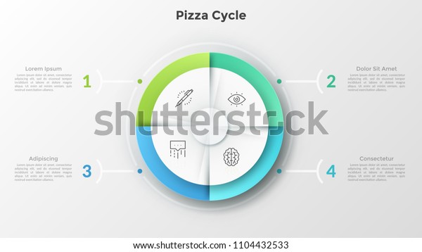 Circular pie chart divided into 4 equal\
pieces with thin line icons inside connected to numbered text\
boxes. Concept of pizza cycle diagram. Modern infographic design\
template. Vector\
illustration.