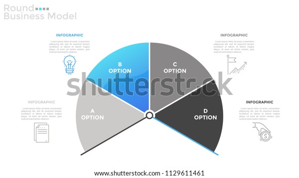 Circular pie chart divided into 4 sectors,\
linear symbols and text boxes. Concept of round business model with\
four options. Simple infographic design template. Vector\
illustration for\
presentation.