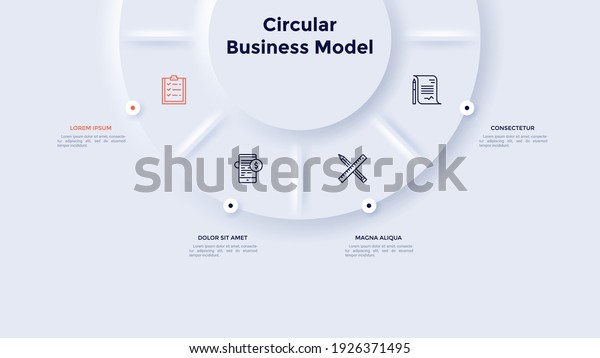 Circular pie chart divided into 4 sectors.\
Concept of four stages of strategic analysis. Neumorphic\
infographic design template. Modern vector illustration for\
business information\
visualization.