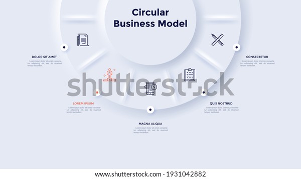 Circular pie chart divided into 5 sectors.\
Concept of five stages of strategic analysis. Neumorphic\
infographic design template. Modern vector illustration for\
business information\
visualization.