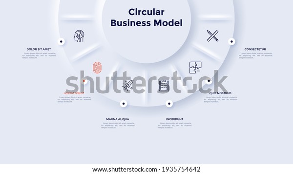 Circular pie chart divided into 6 sectors.\
Concept of six stages of strategic analysis. Neumorphic infographic\
design template. Modern vector illustration for business\
information\
visualization.