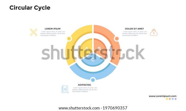 Circular pie chart divided into 3 colorful\
sectors. Concept of three stages of production cycle. Flat\
infographic design template. Modern vector illustration for\
business data analysis\
visualization.
