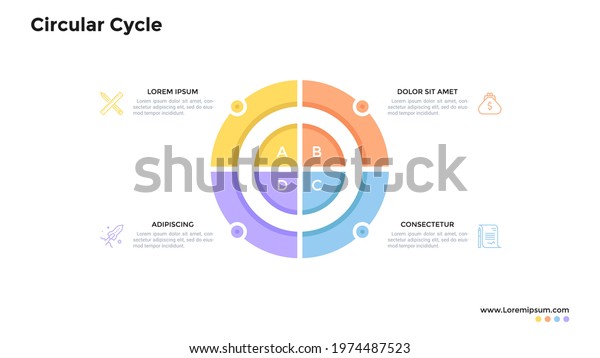 Circular pie chart divided into 4 colorful\
sectors. Concept of four stages of production cycle. Flat\
infographic design template. Modern vector illustration for\
business data analysis\
visualization.