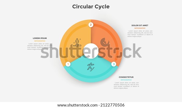 Circular pie chart divided into three\
colorful parts or sectors. Concept of 3 steps of cyclic business\
development process. Simple flat vector illustration for startup\
project data\
visualization.