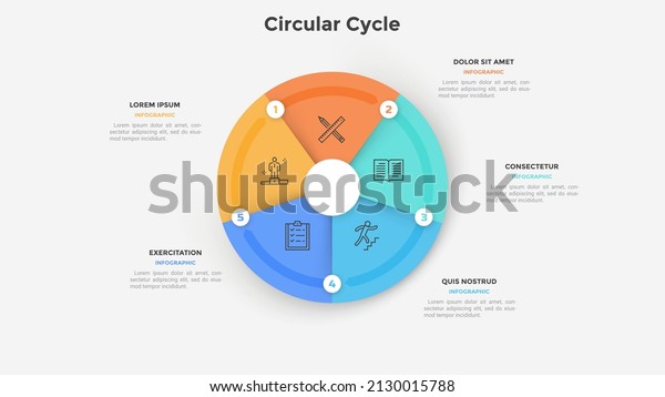 Circular pie chart divided into five\
colorful parts or sectors. Concept of 5 steps of cyclic business\
development process. Simple flat vector illustration for startup\
project data\
visualization.