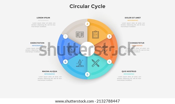 Circular pie chart divided into six\
colorful parts or sectors. Concept of 6 steps of cyclic business\
development process. Simple flat vector illustration for startup\
project data\
visualization.