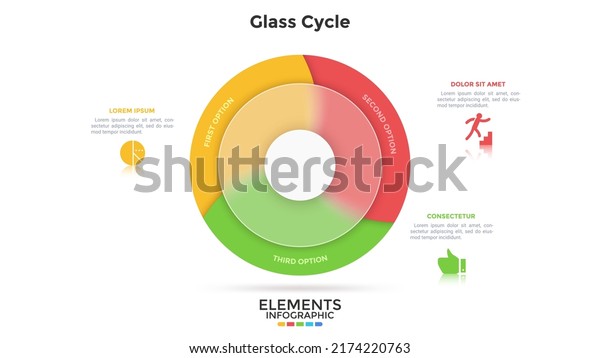 Circular pie chart divided into 3 sectors behind\
translucent glass ring. Concept of three parts of business project.\
Simple infographic design template. Modern flat vector illustration\
for banner.