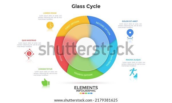 Circular pie chart divided into 5 sectors behind\
translucent glass ring. Concept of five parts of business project.\
Simple infographic design template. Modern flat vector illustration\
for banner.