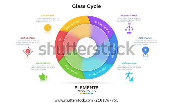 Circular pie chart divided into 6 sectors behind\
translucent glass ring. Concept of six parts of business project.\
Simple infographic design template. Modern flat vector illustration\
for banner.