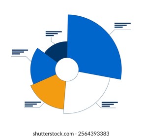 Circular pie chart with labeled segments 2D cartoon object. Sectors analysis visualization. Corporate piechart infographic isolated element flat vector clipart on white background. Spot illustration