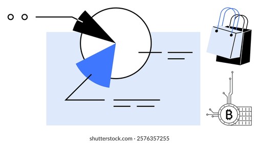 Circular pie chart with sections, shopping bags, representative diagram of cryptocurrency, and simplified data analytics. Ideal for business analysis, e-commerce, cryptocurrency, financial