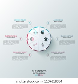 Circular pie diagram divided into 6 pieces with flat symbols inside and arrows pointing at text boxes. Concept of six features of startup project. Infographic design layout. Vector illustration.