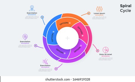 Circular pie diagram divided into 5 swirling colorful parts. Concept of five features of business project. Simple infographic design template. Flat vector illustration for presentation, report.