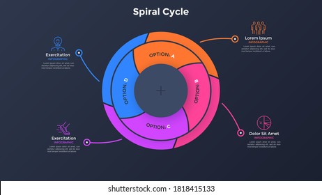 Circular pie diagram divided into 4 swirling colorful parts. Concept of four features of business project. Simple infographic design template. Flat vector illustration for presentation, report.