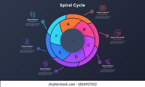 Diagrama circular dividido en 6 partes giratorias de color. Concepto de seis características del proyecto empresarial. Plantilla sencilla de diseño infográfico. Ilustración vectorial plana para presentación, informe.