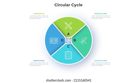 Diagrama circular dividido en 4 sectores coloridos. Concepto de cuatro partes de la estrategia de desarrollo de proyectos de inicio. Ilustración simple de vectores de infografía plana para el análisis de información estadística.