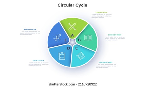 Circular pie diagram divided into 5 colorful sectors. Concept of five parts of startup project development strategy. Simple flat infographic vector illustration for statistical information analysis.