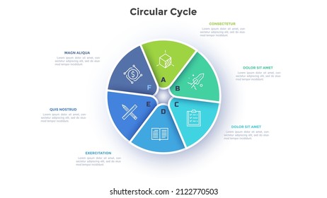 Circular pie diagram divided into 6 colorful sectors. Concept of six parts of startup project development strategy. Simple flat infographic vector illustration for statistical information analysis.