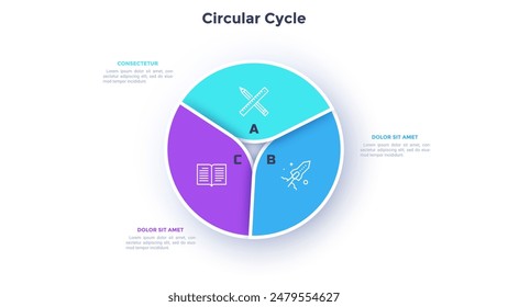 Circular pie diagram divided into 3 colorful sectors. Concept of three parts of startup project development strategy. Simple flat infographic vector illustration for statistical information analysis.