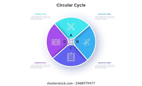 Circular pie diagram divided into 4 colorful sectors. Concept of four parts of startup project development strategy. Simple flat infographic vector illustration for statistical information analysis.