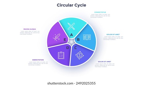 Circular pie diagram divided into 5 colorful sectors. Concept of five parts of startup project development strategy. Simple flat infographic vector illustration for statistical information analysis.