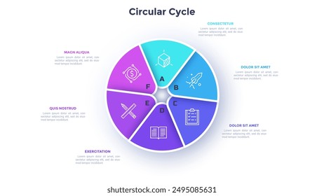 Circular pie diagram divided into 6 colorful sectors. Concept of six parts of startup project development strategy. Simple flat infographic vector illustration for statistical information analysis.