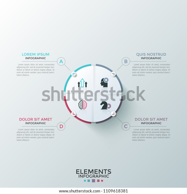 Circular pie diagram divided into 4 pieces\
with flat symbols inside and arrows pointing at text boxes. Concept\
of four features of startup project. Infographic design layout.\
Vector illustration.